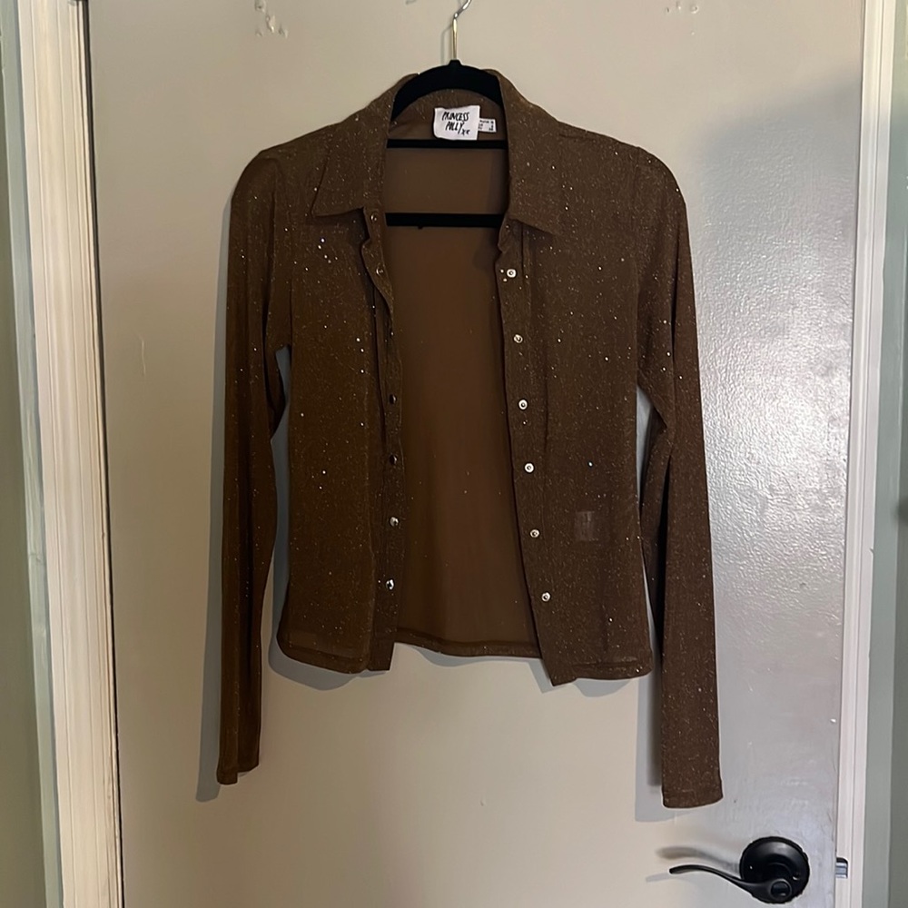 Ron was polly glitter mesh button up